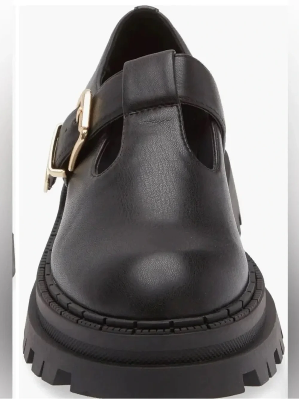 Steve Madden Black Mary Jane Lug Sole Loafer with Gold Buckle